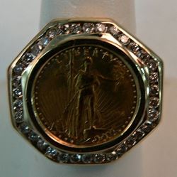 Picture of 14K GOLD MENS RING WITH AMERICAN EAGLE $5 GOLD COIN INSIDE 1/10 OZ SZ-9 13.3G