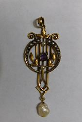 Picture of ANTIQUE PENDANT 14K GOLD WITH AMETHYST AND PEARLS 2" 3.7G