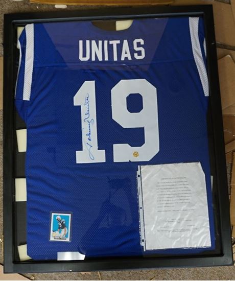 Picture of JOHN UNITAS AUTOGRAPHED JERSEY SIGNED AND FRAMED WITH COA AND CARD