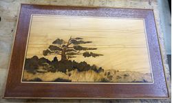 Picture of VINTAGE WOOD ART PICTURE "ASIAN TREE " MADE BY BURTON MULLINS OCTOBER 1976 22X14. "SUNRISE" . 