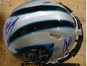 Picture of CAROLINA PANTHERS MULTI AUTO MINI HELMET BY 4 NEWTON KUECHLEY RIDDELL WITH COA; PLASTIC CASE. MINT CONDITION. COLLECTIBLE