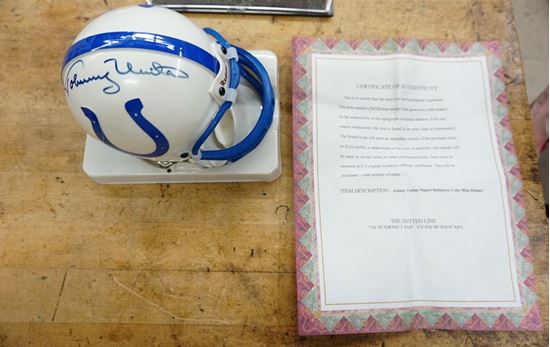 Picture of JOHNNY UNITAS SIGNED BALTIMORE COLTS MINI HELMET WITH COA COLLECTIBLE.MINT CONDITION. 
