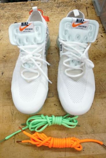 Picture of NIKE AIR VAPORMAXTHE 10 OFF-WHITE WITH EXTRA LACES GREEN ORANGE 11 AA3831-100. PRE -OWNED. MINT CONDITION. HAVE MARK INSIDE. SUPER CLEAN CONDITION. WITH EXTRA LACES GREEN AND ORANGE. NO BOX. 