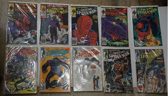 Picture of LOT 10 THE AMAZING SPIDER MAN MARVEL COMICS 280 SEPTEMBER; 321 EARLY OCTOBER; 320 LATE SEPTEMBER; 304 EARLY SEPTEMBER; 305 LATE SEPTEMBER; 307 LATE SEPTEMBER; 271 DECEMBER; 294 NOVEMBER; 293 OCTOBER; 290 JULY. VERY GOOD. COLLECTIBLE.
