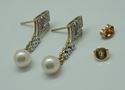 Picture of 14KT YELLOW GOLD DROP PEARL (2 PEARLS 6.75MM EACH) EARRINGS  ( 1 INCH LONG ) 3.4GR WITH 30 ROUND DIAMONDS 0.33PTS. GOOD CONDITION. 851617-1.