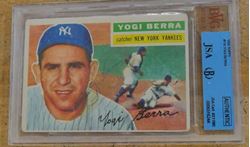 Picture of 1956  #110 YOGI BERRA CATHER NEW YORK YANKEES BASEBALL CARD.  VERY GOOD CONDITION. COLLECTIBLE. JSA CERTIFIED #X11985. WITH FADED SIGNATURE YOGI BERRA 0006516244 . THE WORLD'S MOST TRUSTED SOURCE IN COLLECTING. BECKETT GRADING SERVICES. 