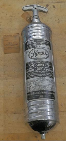 Picture of Vintage Pyrene Heavy Vehicle Type Fire Extinguisher 1 Quart Original Bracket. very good condition. with tag. please look at all the pictures. 