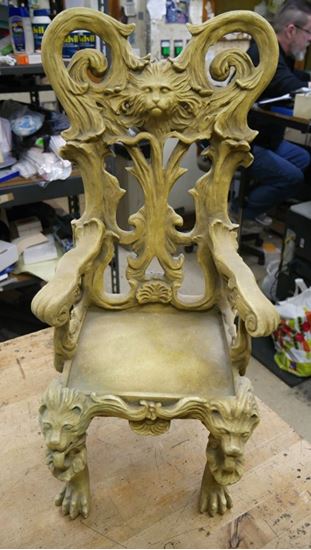 Picture of Vintage small chair 21"  with lion heads  good condition. not sure what it made of. some kind of plaster material. please look at all the pictures. 